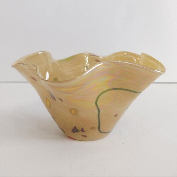 Glass Eye Studio Ruffled Edge Blown Glass Bowl Irridescent Golden Abstract - Picture 3 of 10